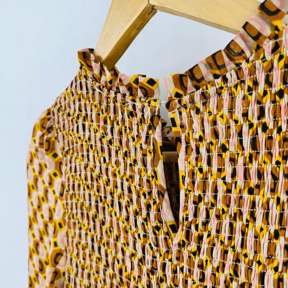 Melloday Smocked Long Sleeve Maxi Dress Retro Geometric Print Brown XS - Picture 7 of 13